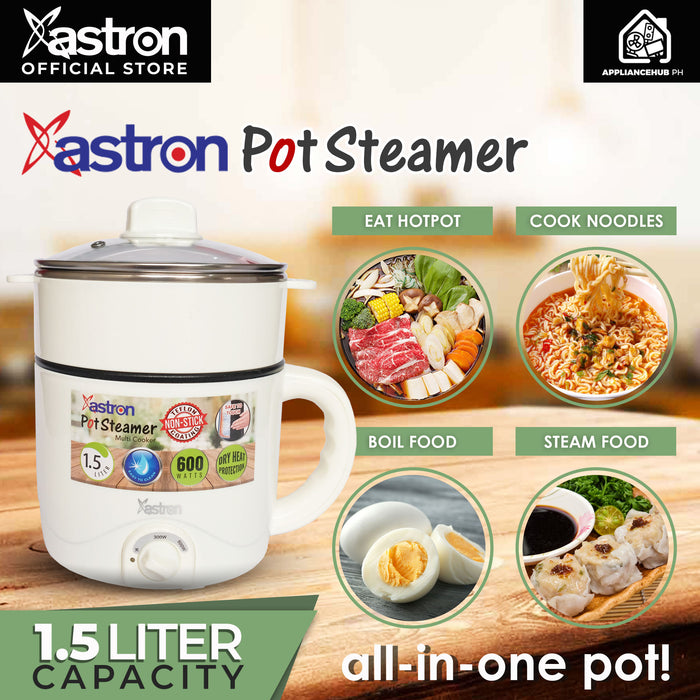 Astron POT STEAMER and MULTI COOKER  (White) (1.5L) (600W)  Electric cooker  Electric pot  non-stick teflon coating