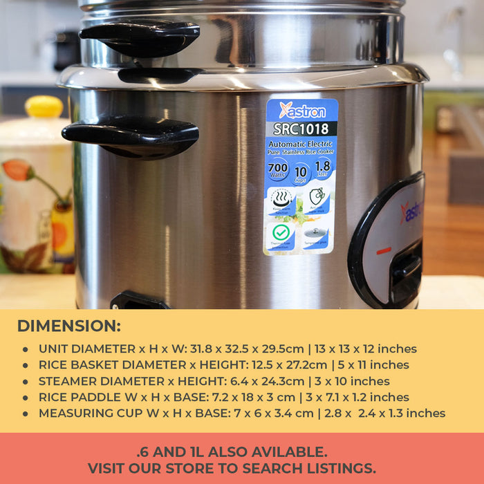 Astron SRC-1018 1.8L Stainless Steel Rice Cooker with Steamer  HEAVY DUTY  10 Cups  700W  6-10 Persons  free paddle  big rice cooker