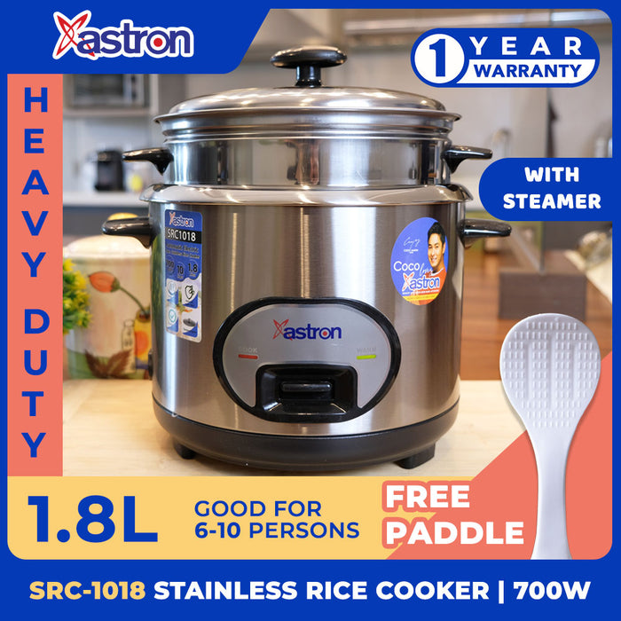 Astron SRC-1018 1.8L Stainless Steel Rice Cooker with Steamer  HEAVY DUTY  10 Cups  700W  6-10 Persons  free paddle  big rice cooker