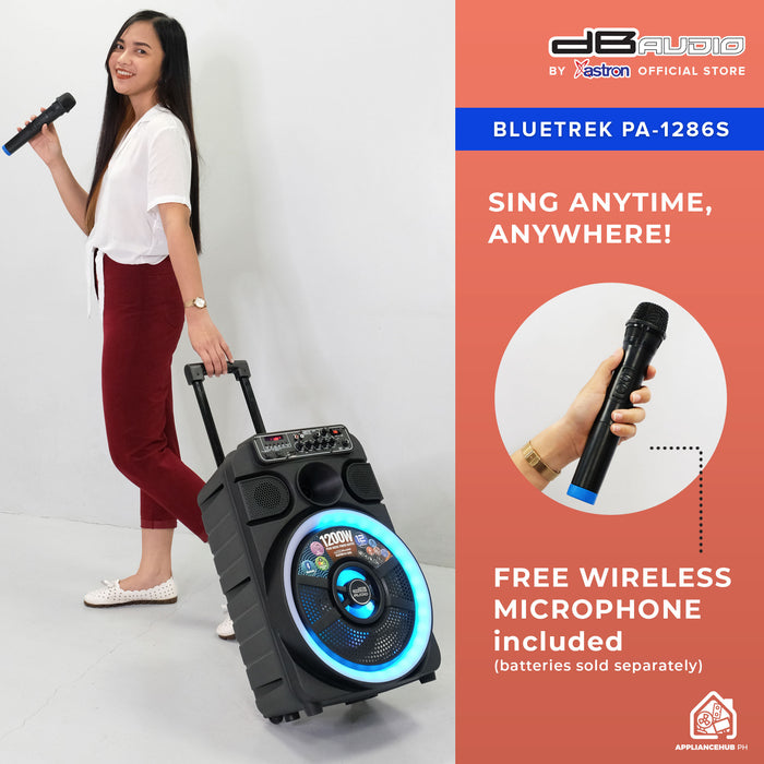 DB Audio by Astron BLUETREK PA-1286S Portable Mobile Trolley Bluetooth Speaker (1200W) (1 FREE Mic) (12" woofer) (with horn tweeter)  outdoor speaker  speaker for karaoke