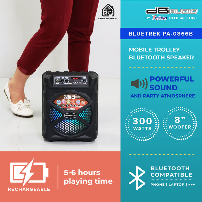 DB Audio by Astron BLUETREK-PA-0866B Portable Bluetooth Speaker (300W) (8" Woofer) (1 FREE Wired Mic)  small outdoor speaker  speaker for karaoke  PA system  rechargeable